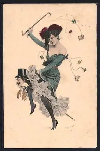 Künstler-AK Theo Zasche: Elegante Dame beim Ritt auf einem Steckenpferd mit Männerkopf, Glücksbringer