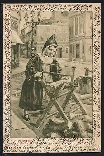 Künstler-AK Franz Doubek: Arbeit bringt Segen, Münchener Kindl beim Sägen von Holz