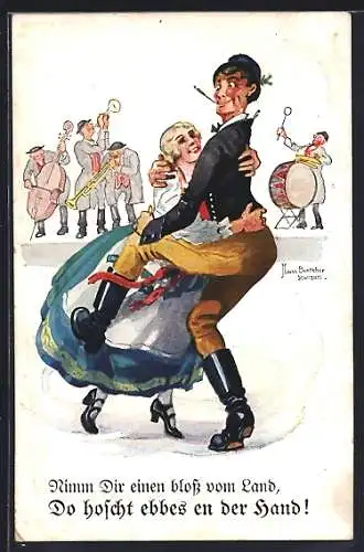 Künstler-AK Hans Boettcher: Nimm Dir einen bloss vom Land..., Tanzpaar und Musiker