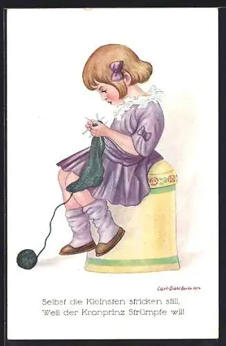 Künstler-AK Carl Diehl: Selbst due Kleinsten stricken still, weil der Kronprinz Strümpfe will, Mädchen beim Stricken