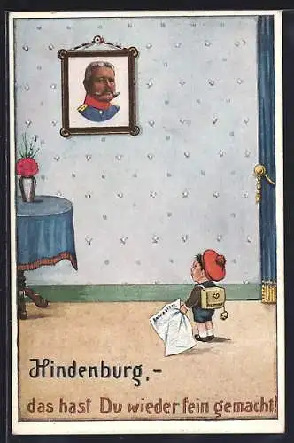 Künstler-AK Carl Diehl: Junge mit Zeitung blickt voller Stolz auf ein Portrait von Paul von Hindenburg
