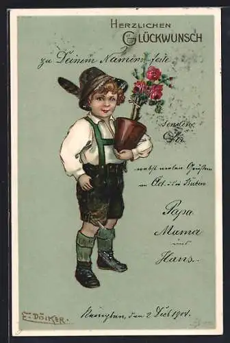 Künstler-AK E. Döcker: Kleiner Knabe in bayrischer Tracht mit Blumentopf