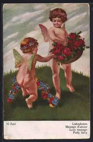 Künstler-AK H.Zahl: Liebesboten, Kinder mit Feenflügeln, Rosen