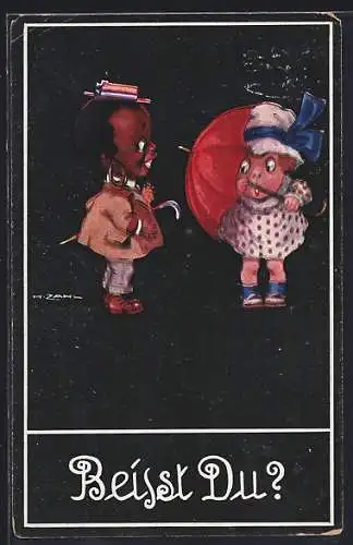 Künstler-AK H. Zahl: Beisst Du?, Kleines Paar