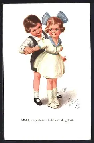 Künstler-AK H. Zahl: Mädel, sei gescheit - bald wirst du gefreit..., Kleines Liebespaar