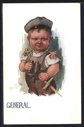 Künstler-AK H. Zahl: General, Kleiner Soldat mit Fernrohr und Holzschwert