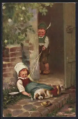 Künstler-AK H. Zahl: Neckerei, Knabe kitzelt schlafendes Mädchen