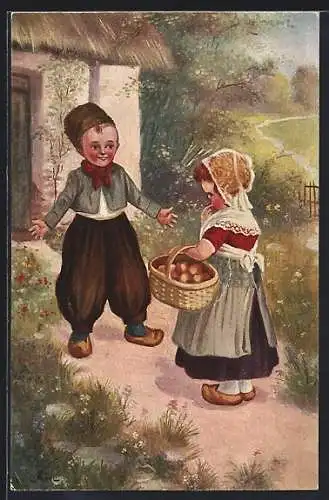 Künstler-AK H. Zahl: Erst einen Kuss, Kleines Trachtenpaar in Holzschuhen