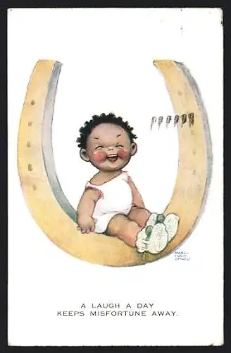 Künstler-AK Mabel Lucie Attwell: Lachendes Kind sitzt auf Hufeisen