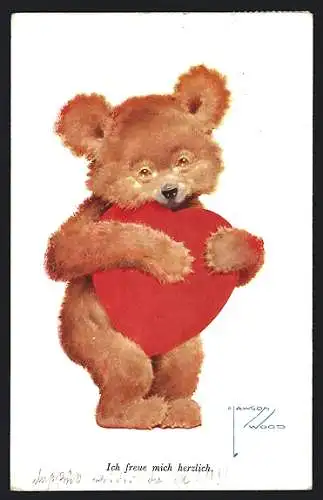 Künstler-AK Lawson Wood: Ich freue mich herzlich, Teddybär mit Herz