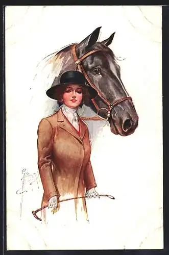 Künstler-AK Court Barber: Frau mit Gerte & Pferd
