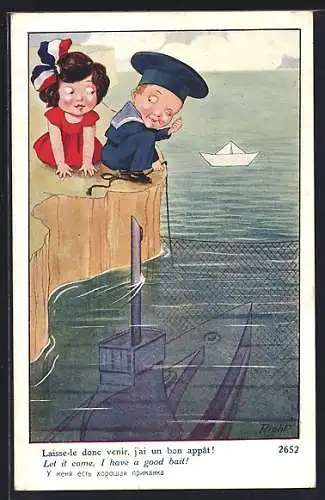 Künstler-AK Right: Laisse-le donc venir, j`ai un bon appat !Mädchen und Junge als Matrose