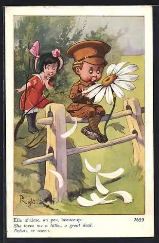 Künstler-AK Right: Kleine Dame beobachtet kleinen Soldat beim Blumenorakel