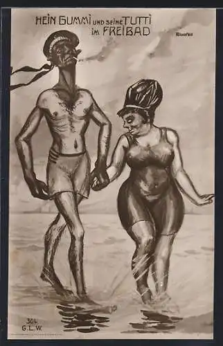 Künstler-AK K. Blossfeld: Hein Gummi und seine Tutti im Schwimmbad