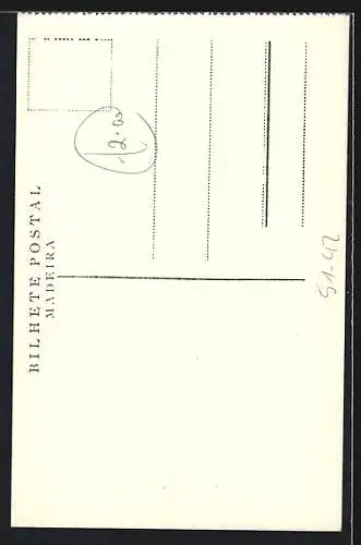 AK Madeira, Paar in Tracht mit Gitarre und Ukulele vor Fotokulisse