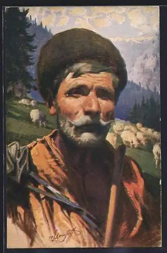 Künstler-AK Berger des Rhodopes, bulgarischer Schafhirte mit seiner Schafherde