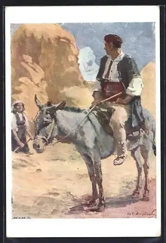Künstler-AK bulgarischer Bauer in Volkstracht reitet auf einem Esel