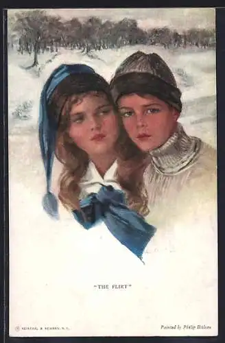 Künstler-AK Philip Boileau: The Flirt, Junges Pärchen im Schnee