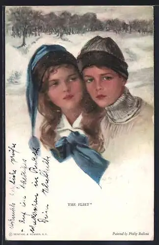 Künstler-AK Philip Boileau: The Flirt, Junges Pärchen im Schnee