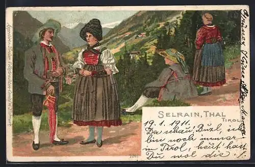 AK Sellrain, Selrainer Tracht, Paar unterhält sich, ein anderes Paar schaut ins Tal
