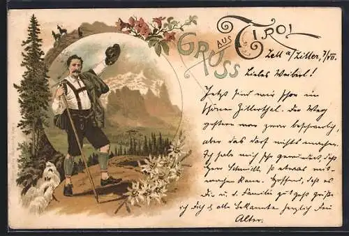 Vorläufer-Lithographie Zell /Tirol, 1893, Bergsteiger in Tracht, Edelweiss