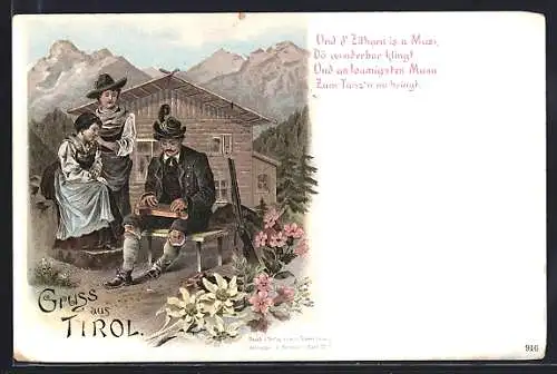 Lithographie Zitherspieler mit zwei Frauen in Tirol