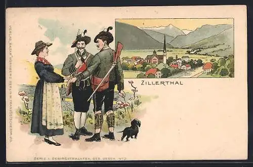 Lithographie Zillerthal /Tirol, Teilansicht mit Kirche, Zwei Jäger mit Frau