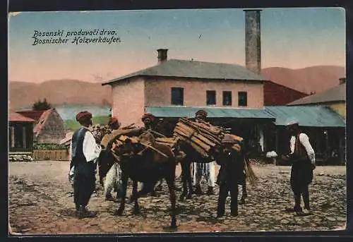 AK Bosnischer Holzverkäufer mit beladenen Lasttieren auf einem Platz