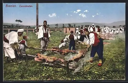 AK Bosnien, Männergruppen beim Grillen von Lämmern am Spiess