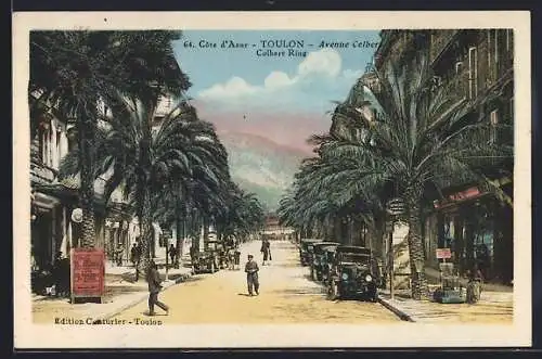 AK Toulon, Avenue Colbert avec palmiers et voitures