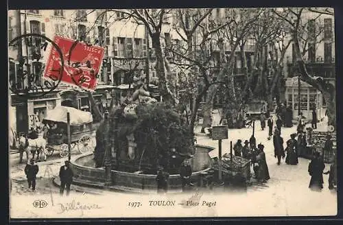 AK Toulon, Place Puget animée avec fontaine et passants en hiver