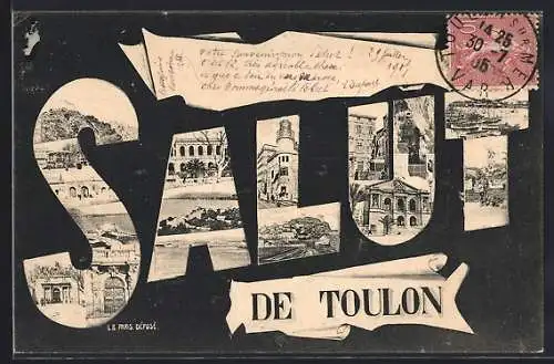 AK Toulon, Collage de vues emblématiques et message manuscrit