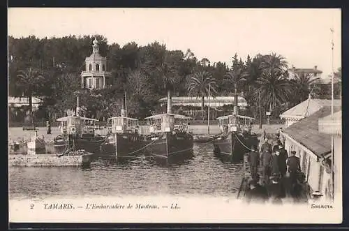 AK Tamaris, L`Embarcadère de Manteau avec bateaux amarrés et palmiers en arrière-plan