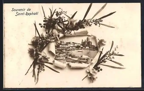 AK Saint-Raphaël, Souvenir de la ville avec vue sur le port et l`église entourée de fleurs