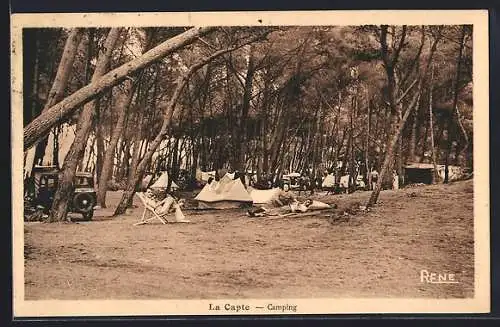 AK La Capte, Camping sous les pins avec tentes et voitures anciennes