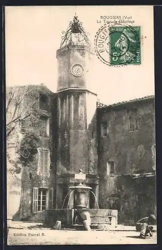 AK Rougiers, La Tour de l`Horloge et fontaine centrale