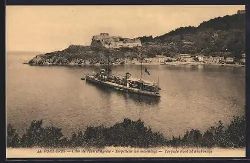 AK Port-Cros, Torpilleur au mouillage devant le fort et les maisons côtières