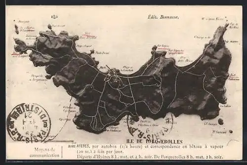 AK Porquerolles, Carte détaillée de l`île avec moyens de communication et départs vers Hyères