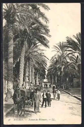 AK Hyères, Avenue des Palmiers avec passants et charrette