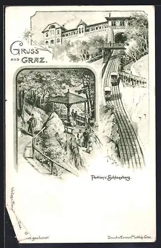 AK Graz, Partien vom Schlossberg mit Bergbahn