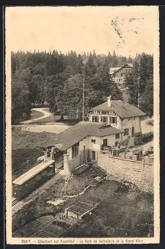 AK Chaumont sur Neuchâtel, La Gare du finiculaire et le Grand Hôtel, Bergbahn