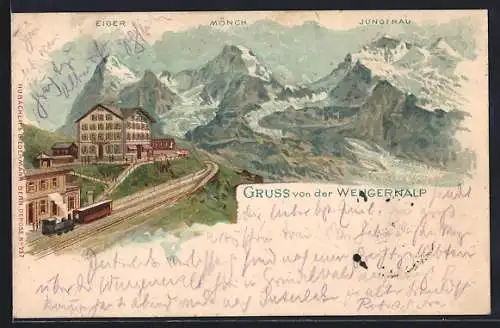 Lithographie Wengernalp, Bahnhof mit Eiger, Mönch u. Jungfrau