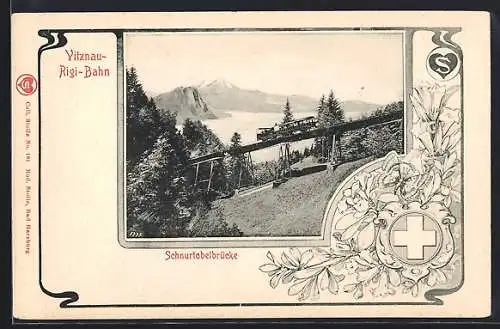 Lithographie Vitznau, Rigi-Bahn auf der Schnurtobelbrücke, Wappen, Blume und Schmetterling