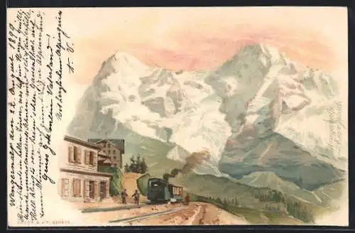 Künstler-AK Lauterbrunnen, Wengernalp und Bergbahn