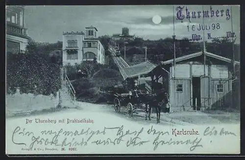 Mondschein-AK Karlsruhe, Turmberg mit Drahtseilbahn