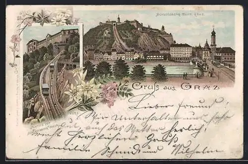 Lithographie Graz, Schlossbergbahn, Totalansicht
