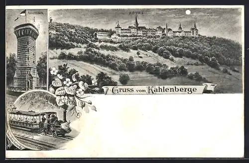Lithographie Kahlenberg, Hotel bei Mondschein, Aussichtsturm, Zahnradbahn System Rigi