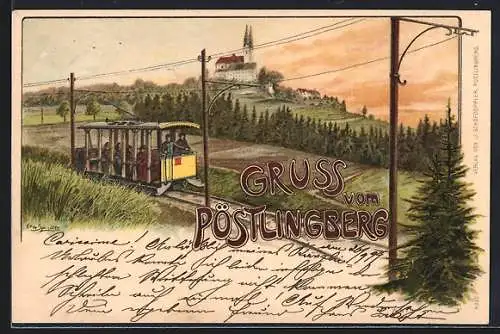 Künstler-AK Erwin Spindler: Pöstlingberg, Bergbahn mit Blick zur Kirche