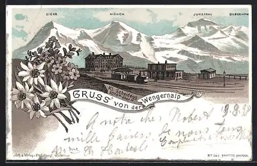 Lithographie Bergbahn-Station Kleine Scheidegg und Wengernalp