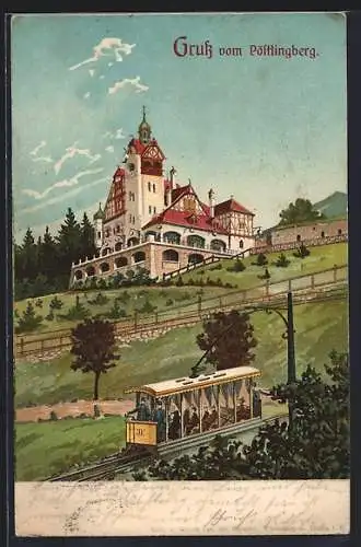 Lithographie Pöstlingberg, Bergbahn auf dem Weg zur Station